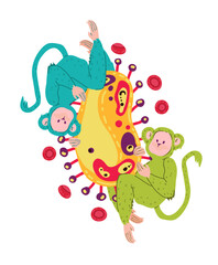 Monkey pox. Vector illustration epidemic virus. Infectious disease. Microbes close up. Sticker, t-shirt print, patch, logo design