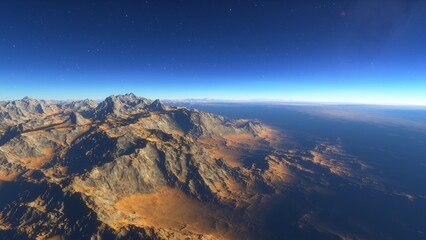 Fototapeta na wymiar beautiful view from an exoplanet, a view from an alien planet, a computer-generated surface, a fantastic view of an unknown world, a fantasy world 3D render