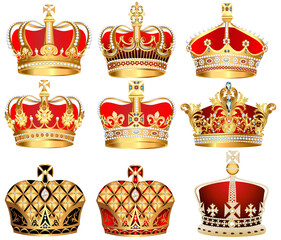 Illustration set of golden crowns with precious stones.