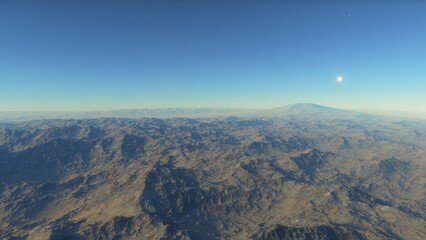 Mars like red planet, with arid landscape, rocky hills and mountains, for space exploration and science fiction backgrounds.
