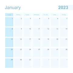 2023 January wall planner in blue color, week starts on Sunday.