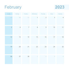 2023 February wall planner in blue color, week starts on Sunday.