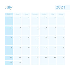 2023 July wall planner in blue color, week starts on Sunday.