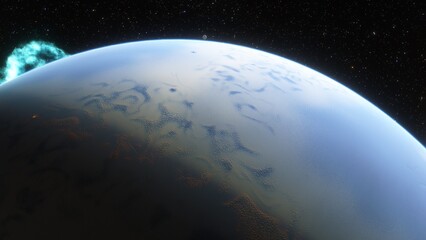 super-earth planet, realistic exoplanet, planet suitable for colonization, earth-like planet in far space, planets background 3d render
