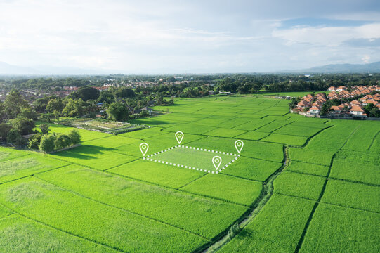 Land plot in aerial view. Gps registration survey of property, real estate for map with location, area. Concept for residential construction and development. Also home, house for sale, buy, purchase, 