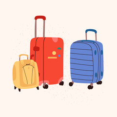 Vector baggage in doodle style. Isolated plastic and fabric luggage illustration for tourism, journey concept