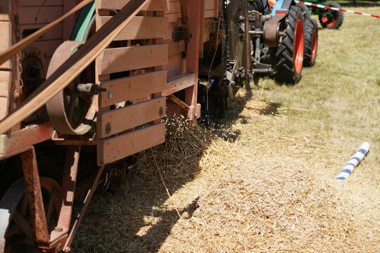 Closeup of a winnowing machine, the process of chaff being separated from grain.