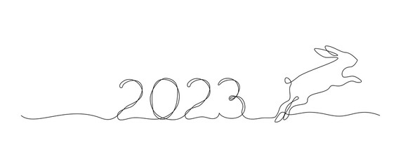 Number 2023 and jumping rabbit in line art style on a white background. Symbol of 2023. Vector illustration
