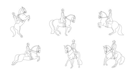 Fototapeta na wymiar Set of riders and horses, classic dressage