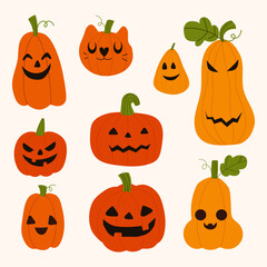Set of isolated smiling pumpkin in doodle style. Vector cartoon pumpkin lanterns collection for Halloween design