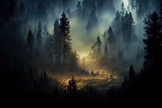 AI generated image of a mysterious forest surrounded by mountains and mist 