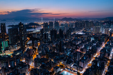 Top view of Hong Kong city in the evening