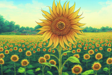 Summer with Sunflower field, Anime art style