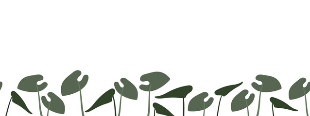 Seamless frame with green banana leaves on a white background. Botanical border, banner for placing text, etc. Fern. Rectangular vector illustration in naive style for promotion, discounts, advertisin