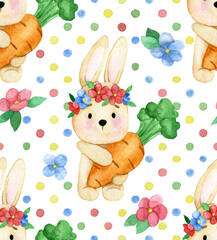 Watercolor seamless pattern. with cute little animals. hare, rabbit with flowers and colored polka dots on a white background