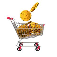 Gold Bitcoin dropping in the shopping cart isolated on transparent background. 3d bit coin purchased illustration. Cryptocurrency or crypto currency symbol 3D render