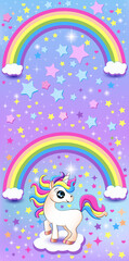 Illustration background wallpaper for phone of a bright unicorn on a cloud with rainbow and stars