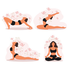 Girl doing yoga, Different yoga poses set of female characters. Meditation exercises in the lotus position. Vector illustration.