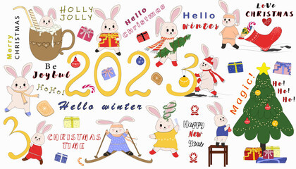 Set of New Year's rabbits. Collection of Christmas bunnies. 2023 is the year of the rabbit. Vector illustration