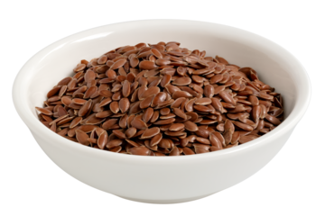 Flax seeds in a white ceramic bowl isolated.