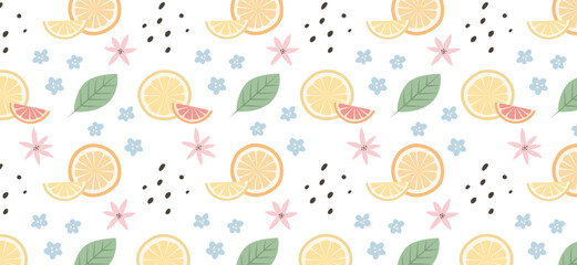 Many ripe citrus fruits, flowers and leaves on white background. Pattern for design