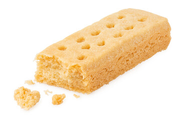 Partially eaten butter shortbread finger biscuit.
