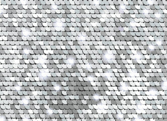 Glittering silver sequined fabric texture. Sequined shining scales. Glamor metallic Background vector - obrazy, fototapety, plakaty