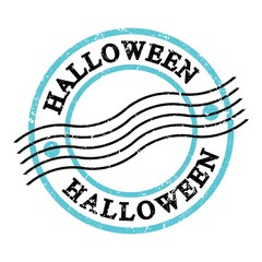 HALLOWEEN, text on blue-black grungy postal stamp.