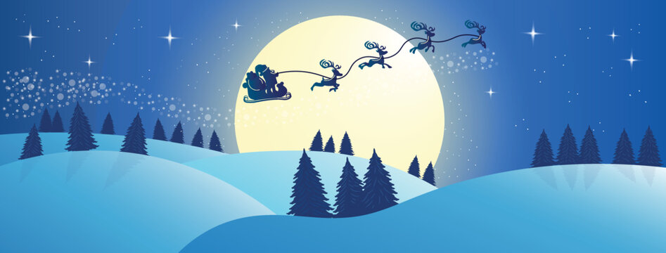 Silhouette of Santa Claus riding reindeer sleigh at snowy winter night