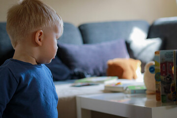 little boy playing on sofa with books and stuffed animals	
