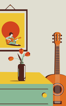 Beautiful vector illustration of a cozy home interior or living room with a guitar. A creative room in trendy greys, mint greens and yellows.