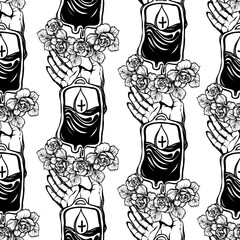Vector illustration. In hand donated blood bag. Rose flowers with thorns. Pattern. Light background, wallpaper
