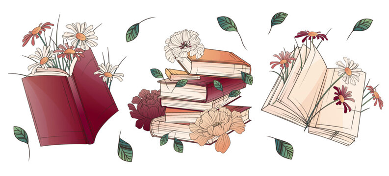 Set of vector illustration of books with flowers. Daisy flower. Stack of books, open book. Hand-drawn illustration for decoration of bookstore, library, card design, poster, banner.
