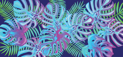 Many tropical leaves on dark color background