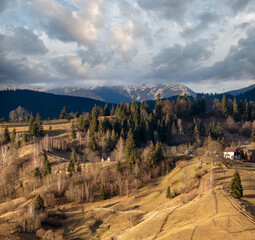 Last good weather days in autumn mountain countryside. Peaceful picturesque Ukrainian Carpathians mountains scene.