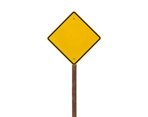 Blank yellow caution sign on a wooden post isolated.