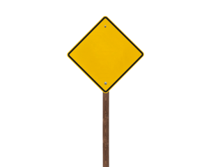 Blank yellow caution sign on a wooden post isolated.