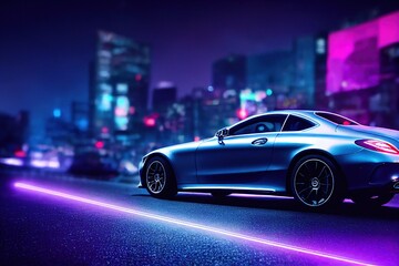 A Mercedes Benz look alike car in a neon night city - obrazy, fototapety, plakaty