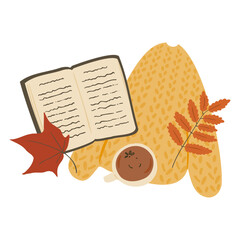 Fall illustrations with book, cozy sweater, leaves, pumpkin pie and cup of tea or coffee, Cute autumn vector clipart in flat cartoon style.