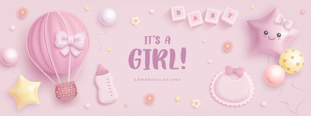 Baby shower horizontal banner with cartoon hot air balloon, helium balloons and flowers on pink background. It's a girl. Vector illustration