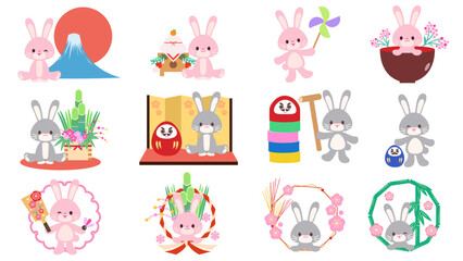 和風なお正月素材とウサギのセットイラスト