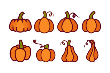 Illustration of various pumpkins set. Isolated on white background. Elements for autumn needs