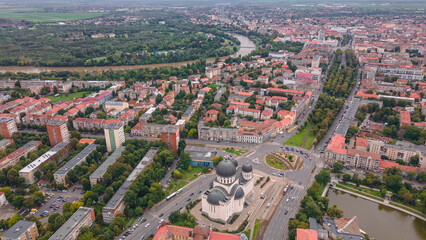 Top view of Arad, Romania cityscape with the Orthodox Cathedral and the surounding buidings. Photography was shot from a drone at a higher altitude.