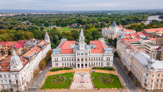 Aerial photography of the city hall in Arad, Romania. Photography was shot from a drone at a higher altitude from the front of the administrative palace.