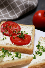 Fototapeta na wymiar Vegan sandwich with chis cheese, tomatoes and microgreens. Vegan Food.