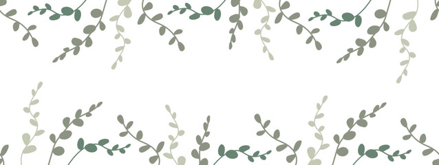 Seamless tropical border with eucalyptus branches in muted shades of green. Вotanical frame, banner on a white background for placing text, etc. 
