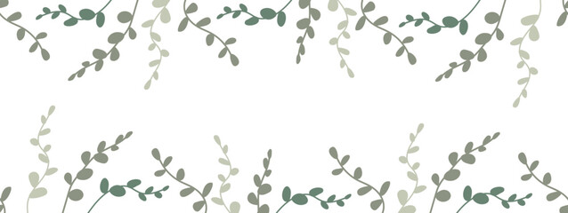 Seamless tropical border with eucalyptus branches in muted shades of green. Вotanical frame, banner on a white background for placing text, etc. 