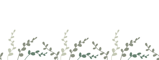 Endless border with green eucalyptus branches on a white background. Botanical frame, banner for placing text, etc. 