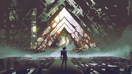 The man standing and looking at the giant mysterious triangular gate, digital art style, illustration painting