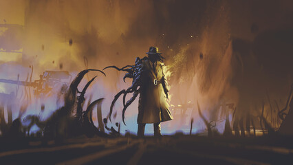 mysterious man in a trench coat with a monster arm standing against the burning night, digital art style, illustration painting